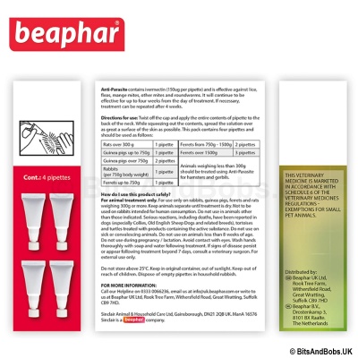 Beaphar Anti-Parasite Spot On Pack of 4 - Rabbits & Guinea Pigs (Contains Ivermectin)