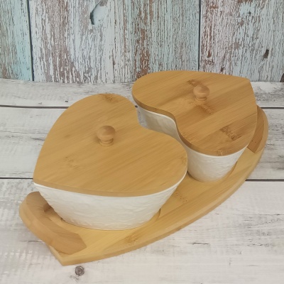 HOMELY 2 Heart Shape Ceramic Bowls with Bamboo Lids