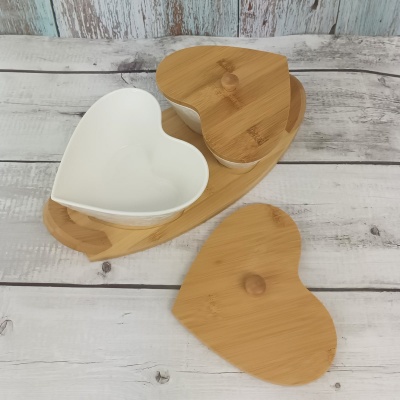 HOMELY 2 Heart Shape Ceramic Bowls with Bamboo Lids